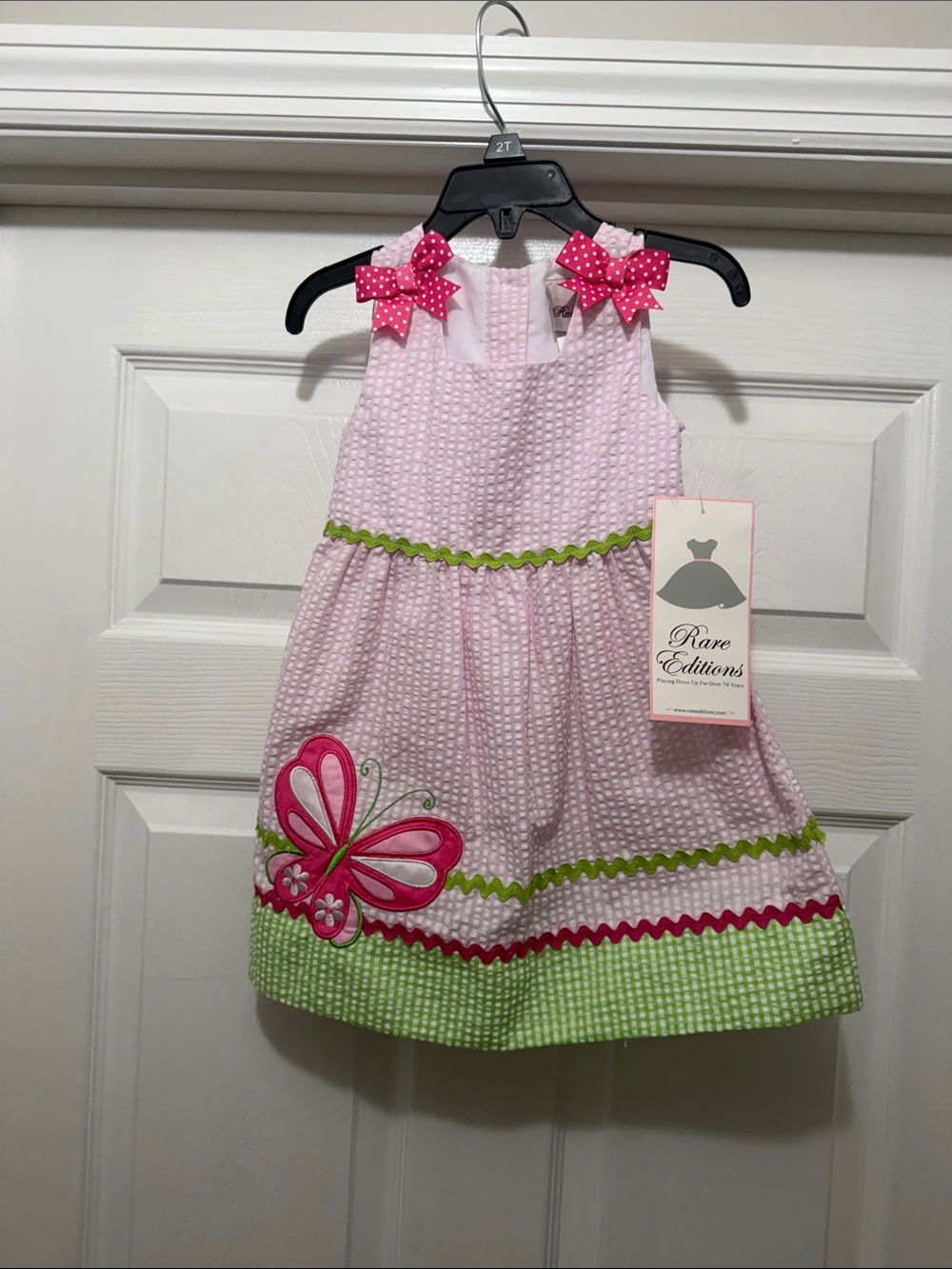 Rare Editions Pink Dress with Green Trim and Butterfly Applique